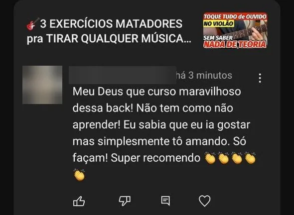 Comentário de aluno sobre as aulas do Gean, com nome e foto borrados