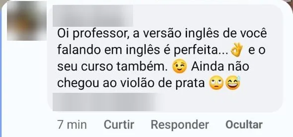 Comentário de aluno sobre as aulas do Gean, com nome e foto borrados